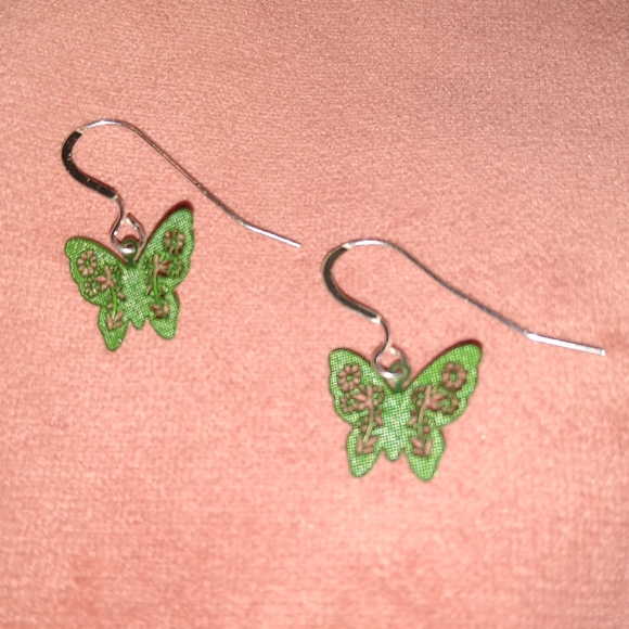 Solid 925 REAL Sterling Silver Ear Wire Green Butterflies Butterfly Earrings New - Picture 5 of 7